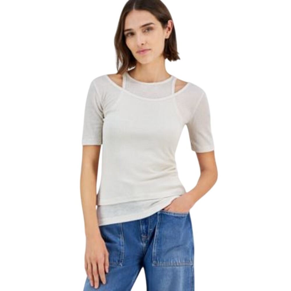 HUGO BOSS Orange Women's Slim Ribbed Layered-Look Top in Natural Tan
